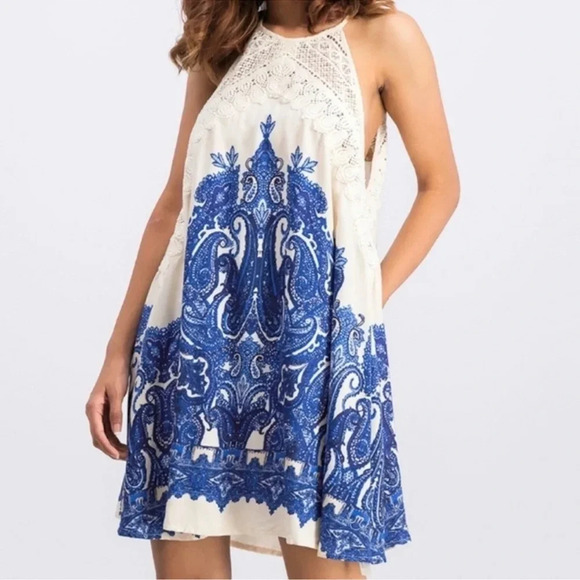 Free People - Shea Printed Halter Crochet Mini Dress - Ivory/Blue - Size XS - Picture 1 of 12